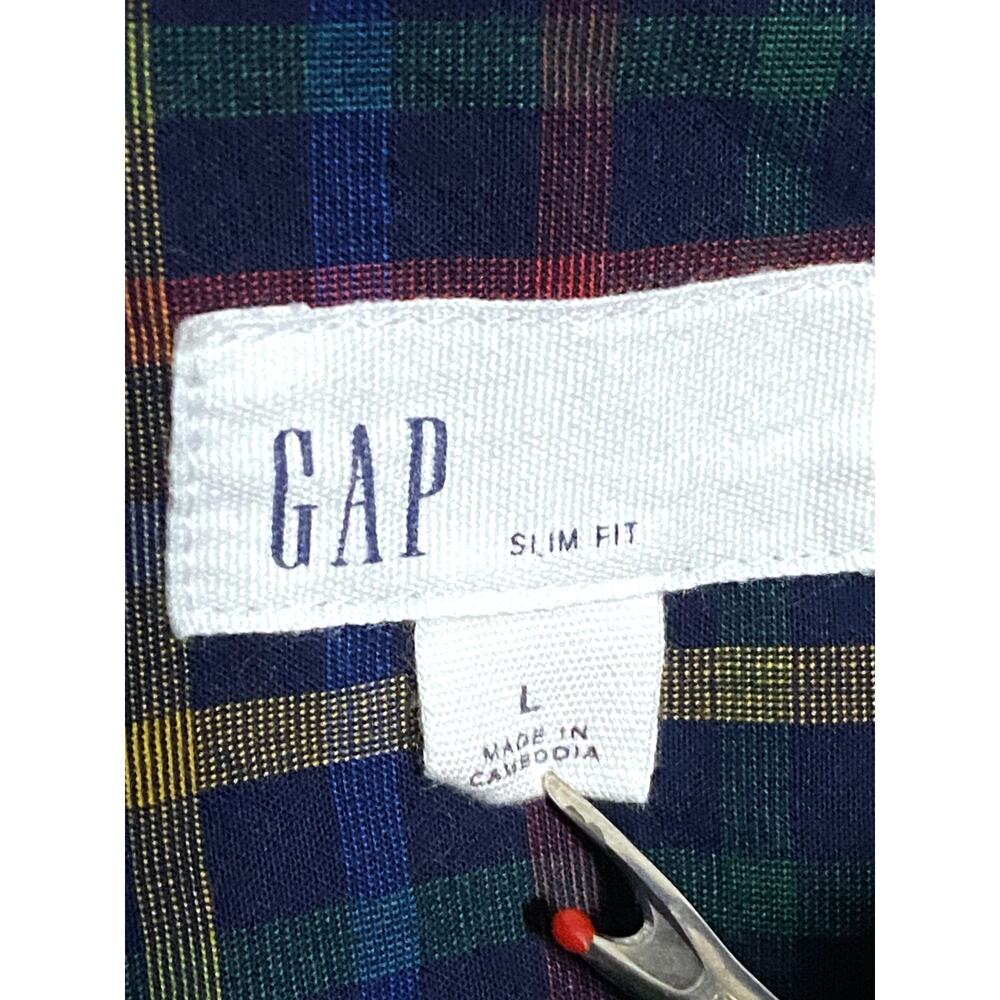 Gap Slim Fit Button Down Plaid Primary Colors Navy Windowpane Mens Large L - Picture 5 of 7